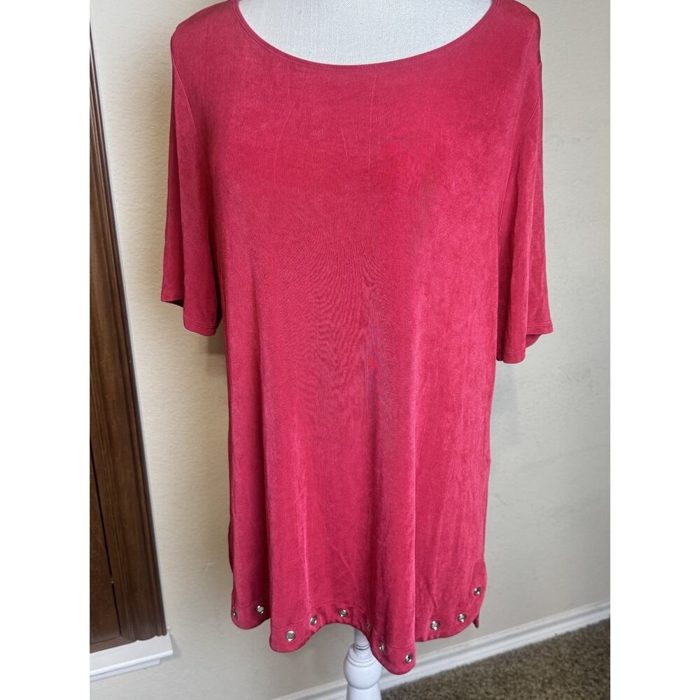Chicos Travelers Shirt‎ Red Slinky Knit Grommet Hem Tunic Stretch sz 2/L blouse
